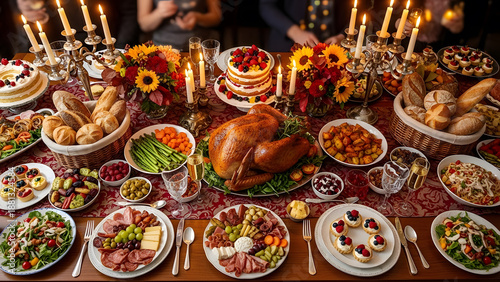 A large wooden table covered in a massive banquet of food including roasted turkey bread salads and desserts