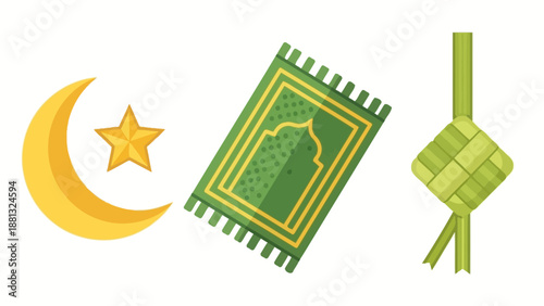 Islamic Symbols: Crescent Moon, Star, Prayer Mat, Ketupat, Ramadan, Eid