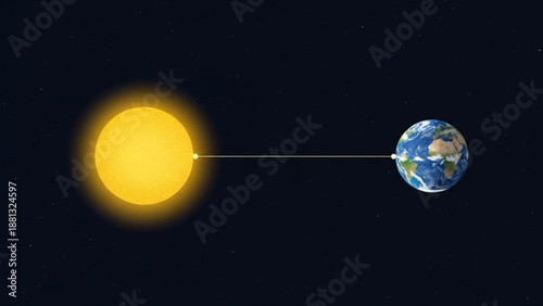 The sun and earth in space with gravitational pull line