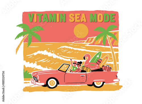 Vitamin Sea Mode slogan design. Coastal road trip artwork. Ocean wave and palm trees graphics for t shirt print poster sticker background.