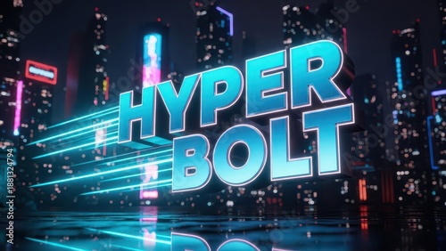 Hyper Bolt Neon Sign in Futuristic Cityscape with Glowing Lights and Modern Architecture.