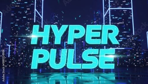 Hyper Pulse Text in Neon Blue with Futuristic Cityscape Background.