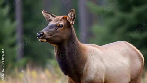 A close up profile of a female elk standing in a soft focus forest background