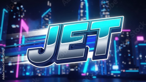 JET text with futuristic city background and neon lights.