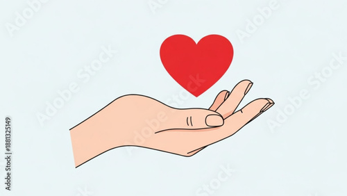Palm of a hand cradling a red heart symbol against a soft blue background conveying care and love