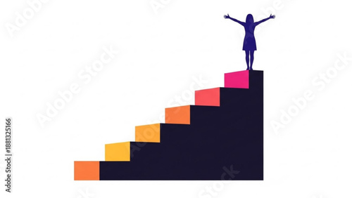 Woman standing on top of colorful staircase with arms raised in success and achievement