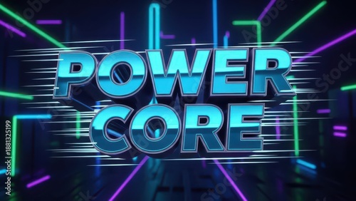 Power Core Text with Neon Lights and Futuristic Grid Background.