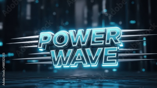 Power Wave Neon Text Effect on Dark Background with Glowing Lines and Reflections.