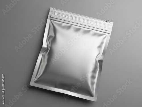 Shiny silver foil zippered storage pouch on gray background