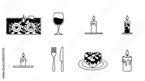 Dinner set-up with wine and candles isolated on white background, Vector