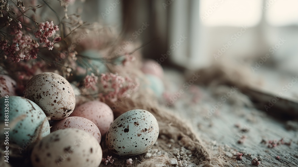 Obraz premium Natural speckled Easter eggs with dried flowers close up