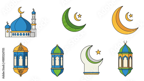 Islamic Symbols: Mosque, Crescent Moon, Star, Lanterns - Ramadan, Eid
