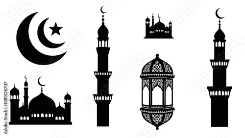 Islamic Symbols: Mosque, Crescent Moon, Star, Minaret, Lantern Icons Silhouette