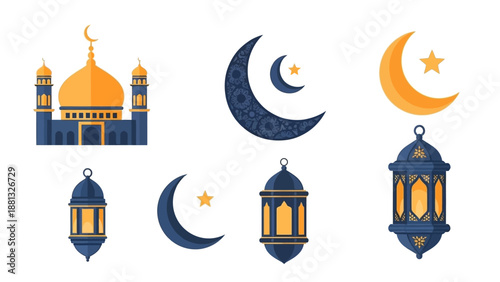 Islamic Symbols: Mosque, Crescent Moons, Stars, and Lanterns - Ramadan, Eid Celebration Elements