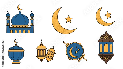Islamic Symbols: Mosque, Crescent Moon, Stars, Lanterns - Ramadan Icon Set