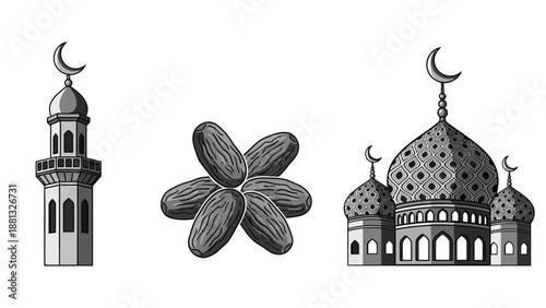 Islamic Symbols: Mosque, Dates, Crescent Moon Minaret - Ramadan, Eid, Muslim Culture