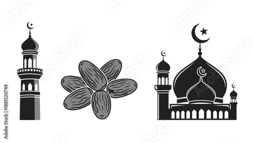 Islamic Symbols: Mosque, Minaret, and Dates - Ramadan Iftar Icon Set