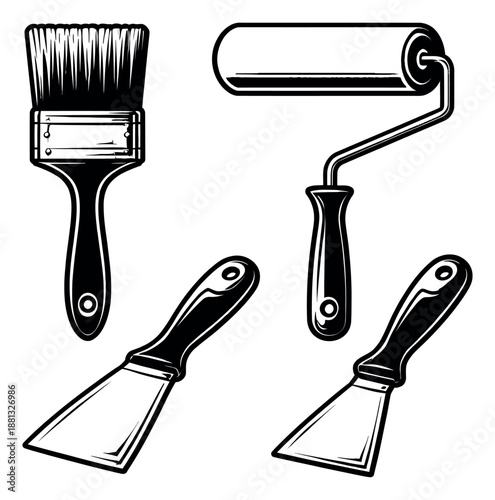 Vintage hand drawn painting tools set featuring a paint brush, roller, and putty knives for home renovation