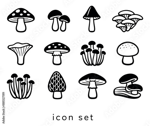 Hand drawn line art mushroom icon set featuring various fungi for food and nature designs