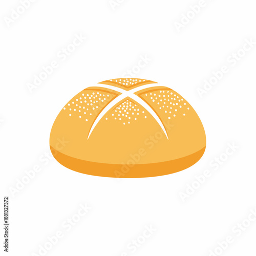 Cartoon Illustration of Fresh Golden Brown Bread Roll with Cross Cut and Sesame Seeds on top, simple cartoon style