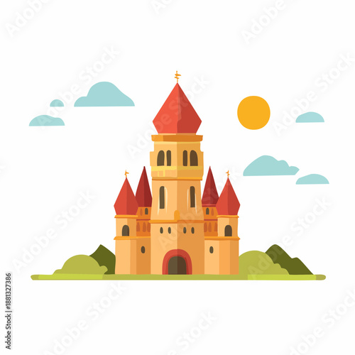 Whimsical cartoon castle with red turrets under a bright sun surrounded by green hills and fluffy clouds
