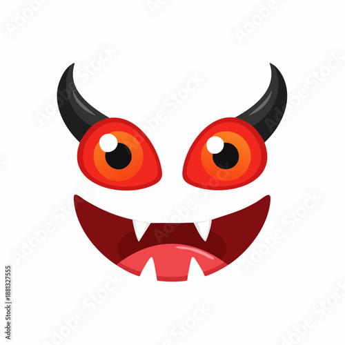 Cartoon Devil face with horns and sharp teeth is smiling menacingly with fiery eyes.