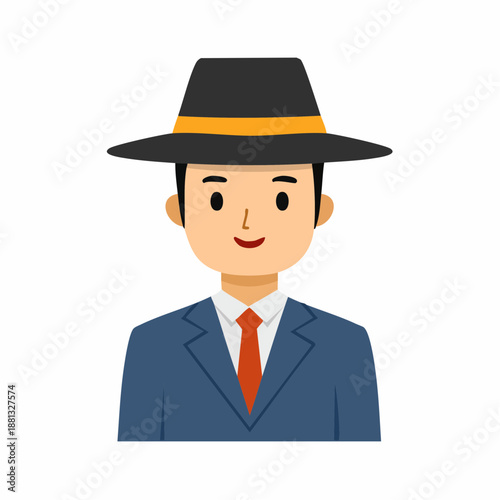 Smiling Cartoon Man in Suit and Fedora Hat: Elegant Portrait of Young Gentleman