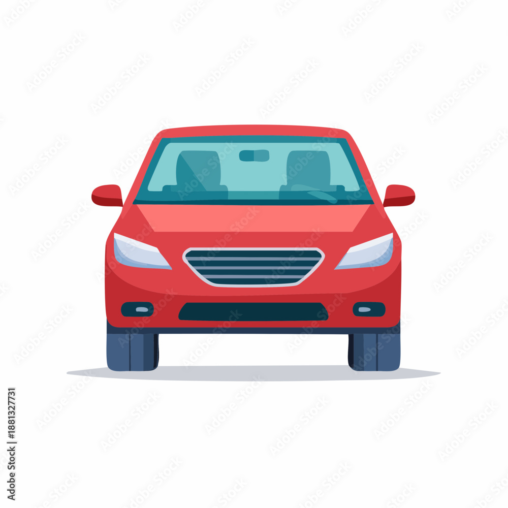 Fototapeta premium Front View of a Red Sedan Car with Blue Trim on White Background Transportation Concept