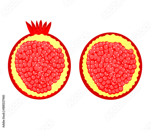 Fresh pomegranate as the main subject, showcasing its vibrant red color and detailed seeds. Perfect for food illustrations, healthy backgrounds, culinary designs, or creative projects highlighting the