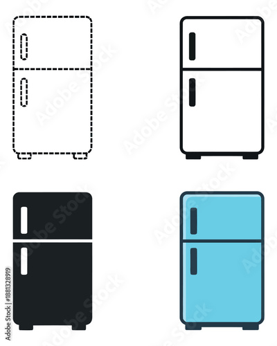 Modern refrigerator icon set featuring outline, solid, and colored styles for home appliance concepts