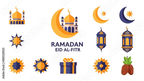 Ramadan Eid Al-Fitr Icons: Moon, Mosque, Lanterns, Stars, Gift, Dates