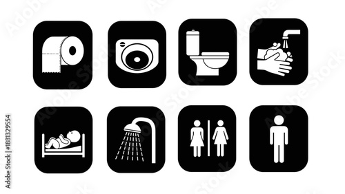 Collection of bathroom and hygiene icons in black and white.