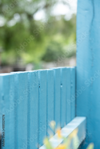 blue picket fence in a garden