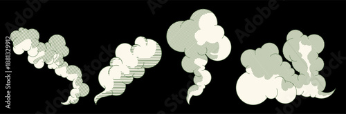 Set of vintage smoke clouds and steam puffs in banknote engraving style.Perfect for vintage-themed graphic design, retro posters, and industrial concepts.