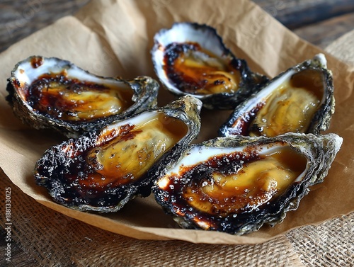 Roasted oysters with golden glaze on parchment paper rustic seafood appetizer closeup with rich textures warm tones culinary still life