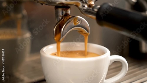 Low Angle Espresso Pour with Steam and Metallic Reflections