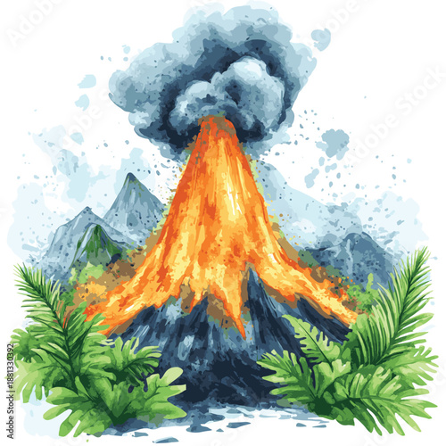Watercolor Volcano Eruption with Lava Flow and Ash Cloud Surrounded by Greenery , vector style simple color