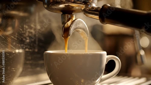 Low Angle Espresso Pour with Steam and Metallic Reflections