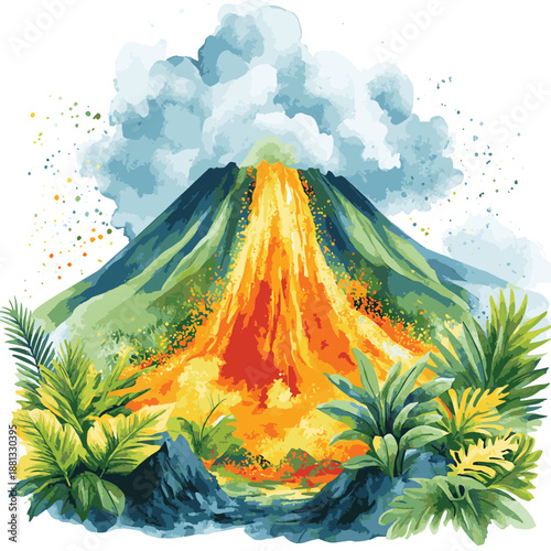 Watercolor Volcano Eruption with Lava Flow and Ash Cloud Surrounded by Greenery , vector style simple color