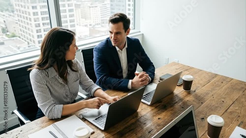 Two diverse business professionals, a man and a woman, are seated at a rustic wooden conference table in a bright, modern office space with a stunning city skyline view. They are engaged in a lively a