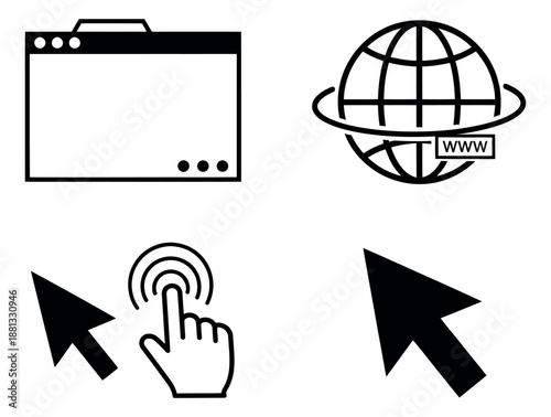 Minimalist line art internet icons set featuring a browser window, global network symbol, clicking hand, and mouse pointer for web design