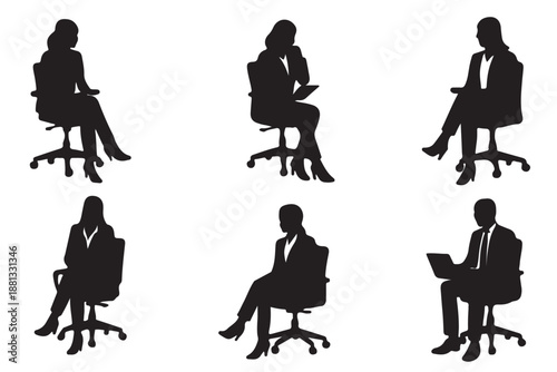 Collection of black color set people sitting on chairs, men and women in various poses isolated on white background. Vector Illustrations. EPS 10.