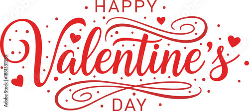 Happy Valentine's Day calligraphy lettering, romantic red script with hearts and swirls, holiday greeting card, cad drawing flat vector illustration, love.