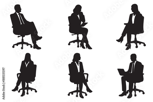 Business people sitting on conference or other meeting silhouette. Students sitting on the chairs . Black color set of men and women in various poses isolated on white background. EPS 10.