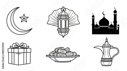 Ramadan Icons: Crescent Moon, Star, Lantern, Mosque, Gift, Dates, Coffee Pot
