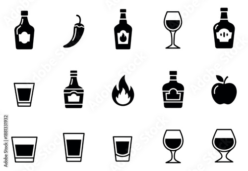 Glyph beverage and ingredient icon set featuring various bottles, glasses, pepper, flame, and apple for menus, bar signs, or recipe apps