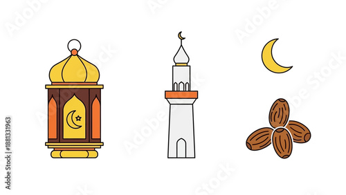 Ramadan Icons: Lantern, Minaret, Crescent Moon, Dates - Islamic Symbols