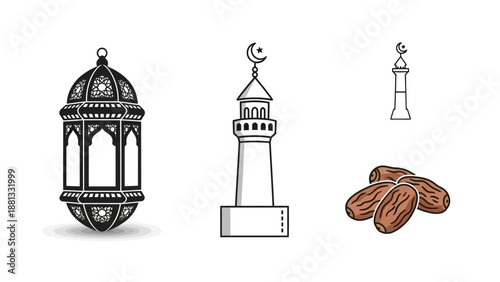 Ramadan Icons: Lantern, Minaret, Dates, Crescent Moon - Islamic Symbols