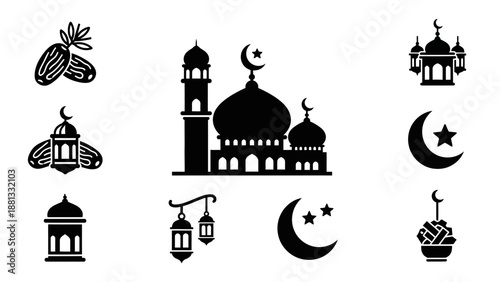 Ramadan Icons: Mosque, Dates, Lanterns, Crescent Moon & Star - Islamic Symbols