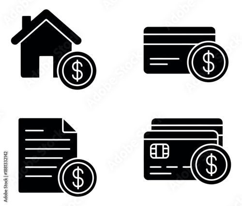 Glyph financial icons set featuring a house, credit cards, document, and dollar coins for banking and payment services